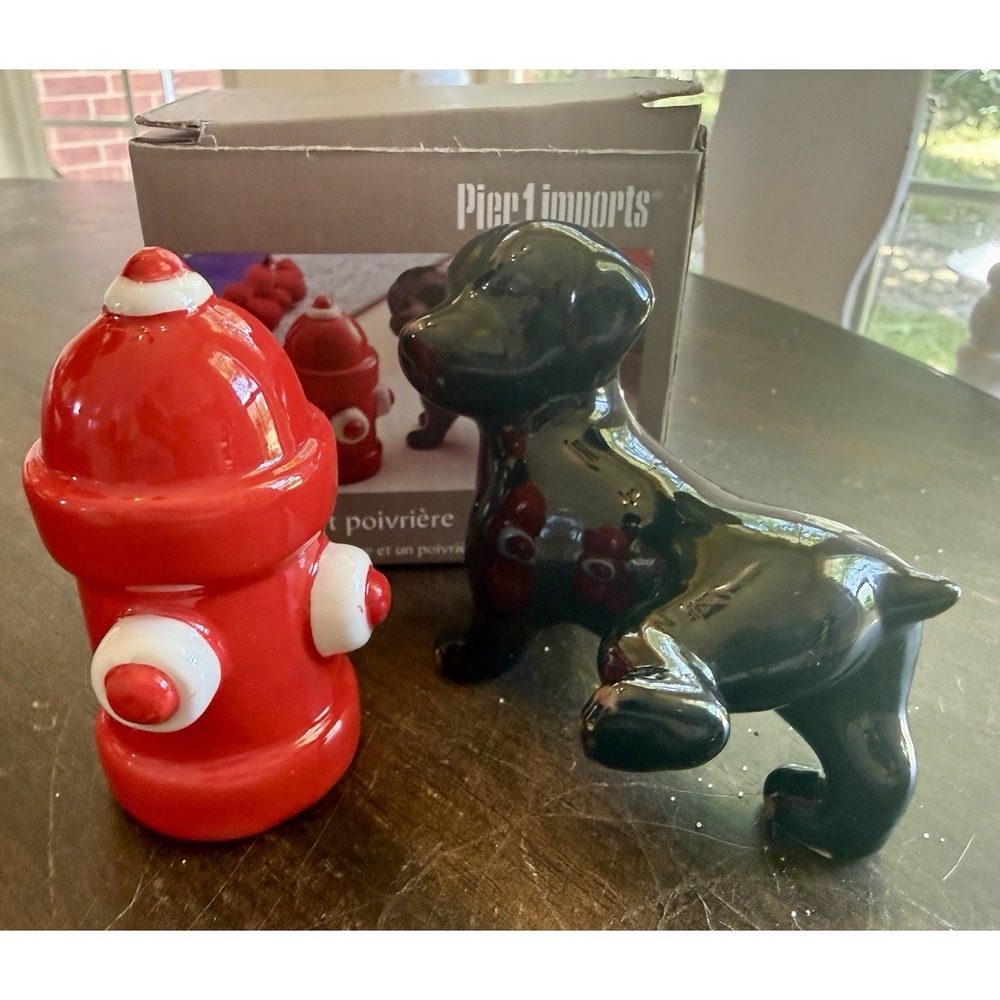 VTG Dog Watering Fire Hydrant Salt & Pepper Shakers Ceramic Pier 1 In box
